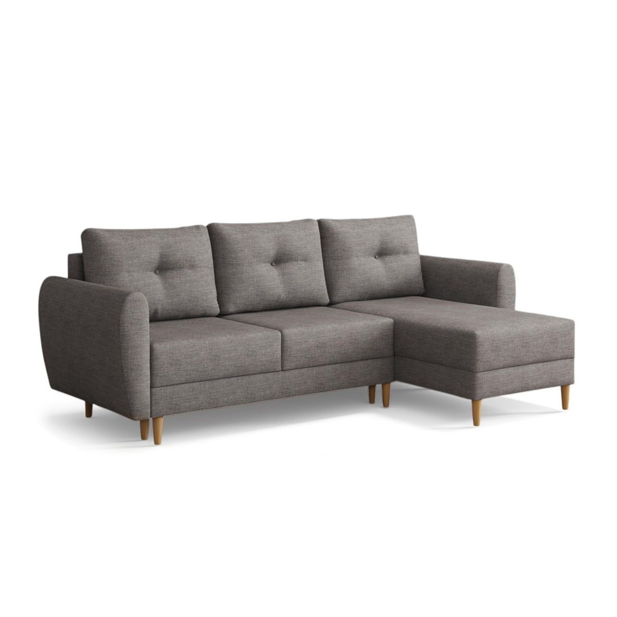 Uitklapbare Harmi-hoekbank 235 cm Zilveren Mist (SAWANA 05), rechtszijdige versie met opbergruimte voor beddengoed