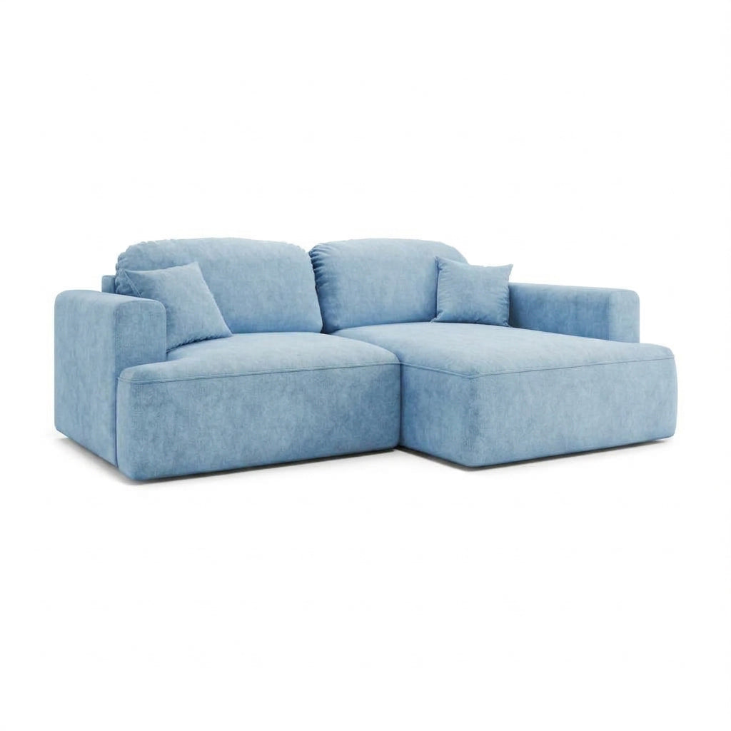 Canapé d'angle Senvali 240 cm Lazur Acier (CLOUD 71), version droite – canapé d'angle pour dormir avec chaise longue, vue de trois quarts