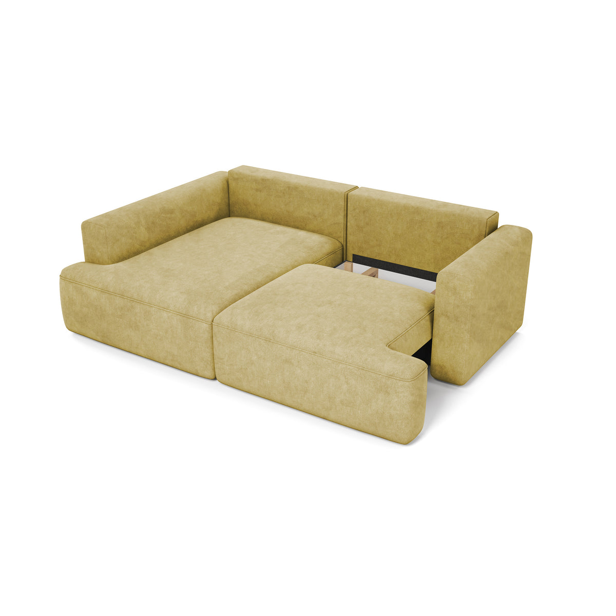 Canapé d'angle Senvali 240 cm Sépia Dorée (CLOUD 32) en cours de déploiement – assise coulissée et coffre de rangement pour la literie