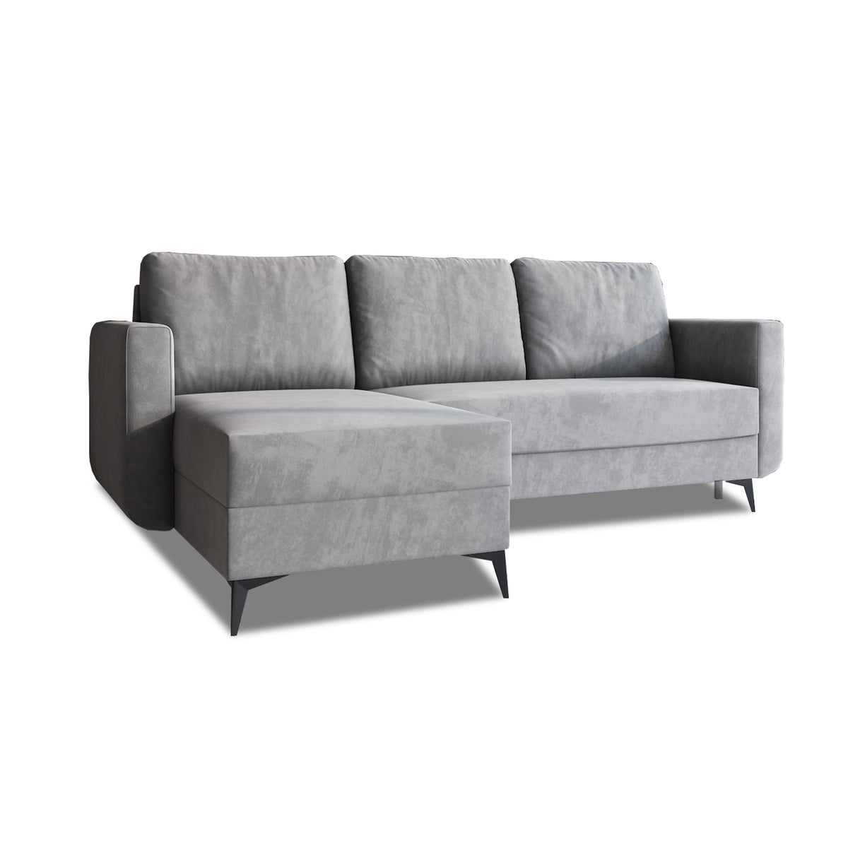 Hoekbank met slaapfunctie Forra 235 cm Staalgrijs (MANILA 16), chaise longue aan de linkerkant, fluweel en zwarte metalen poten