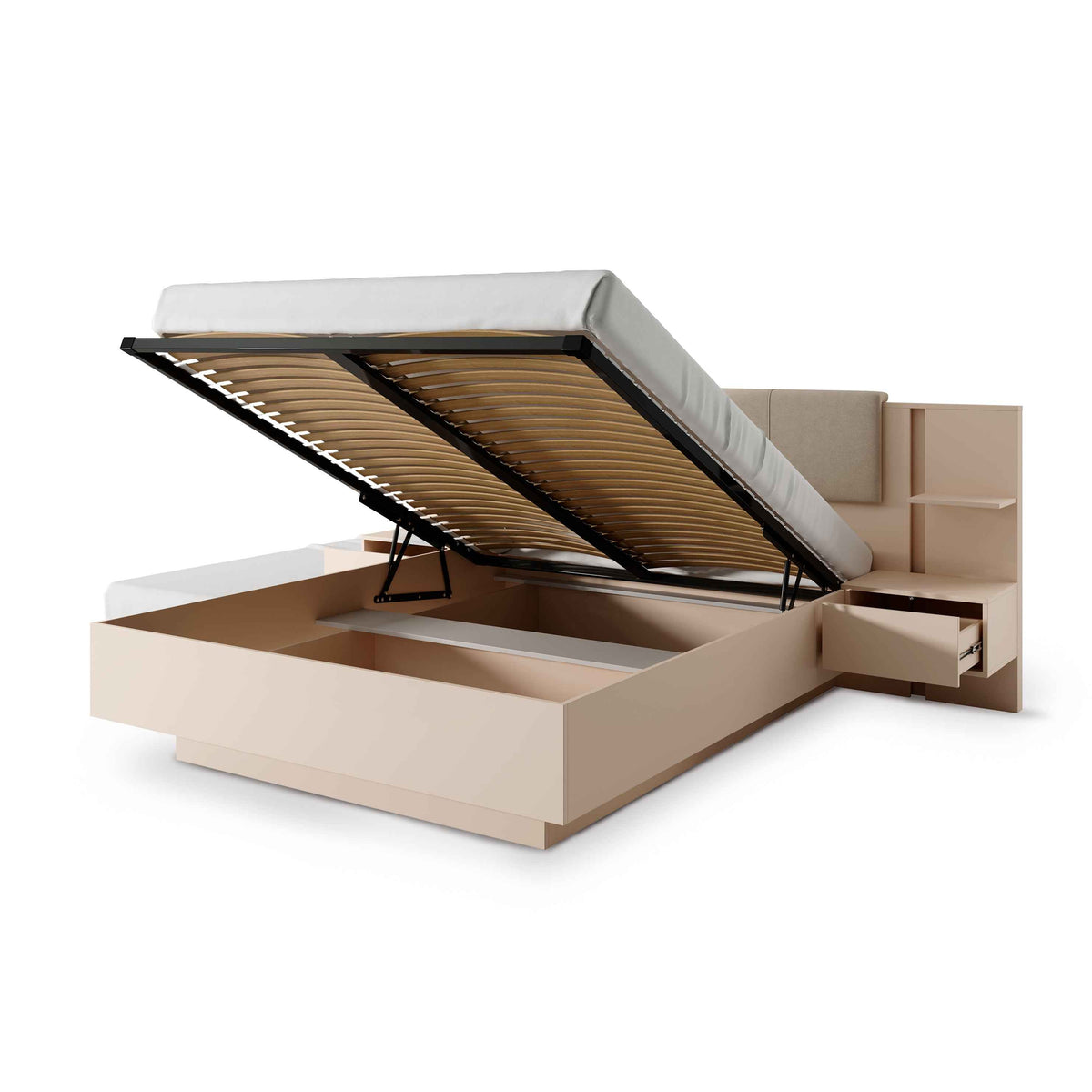 Dust Upholstered Ottoman Bed with Storage, Glamour Style – with doors open