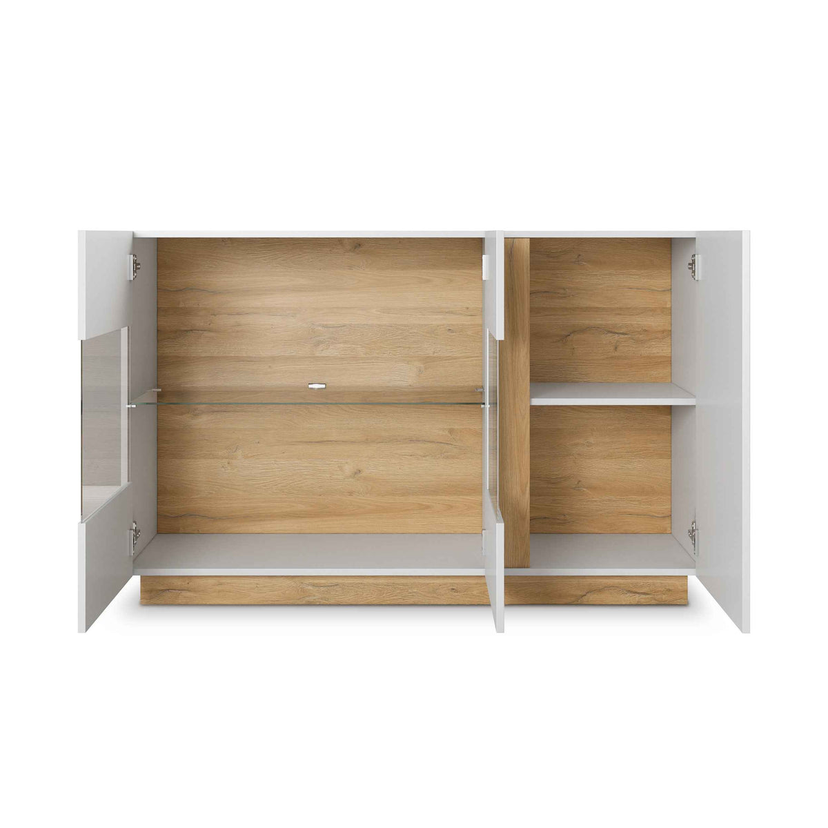Armelia Sideboard with Glass Display Cabinet 138x91, Modern Style – with doors open