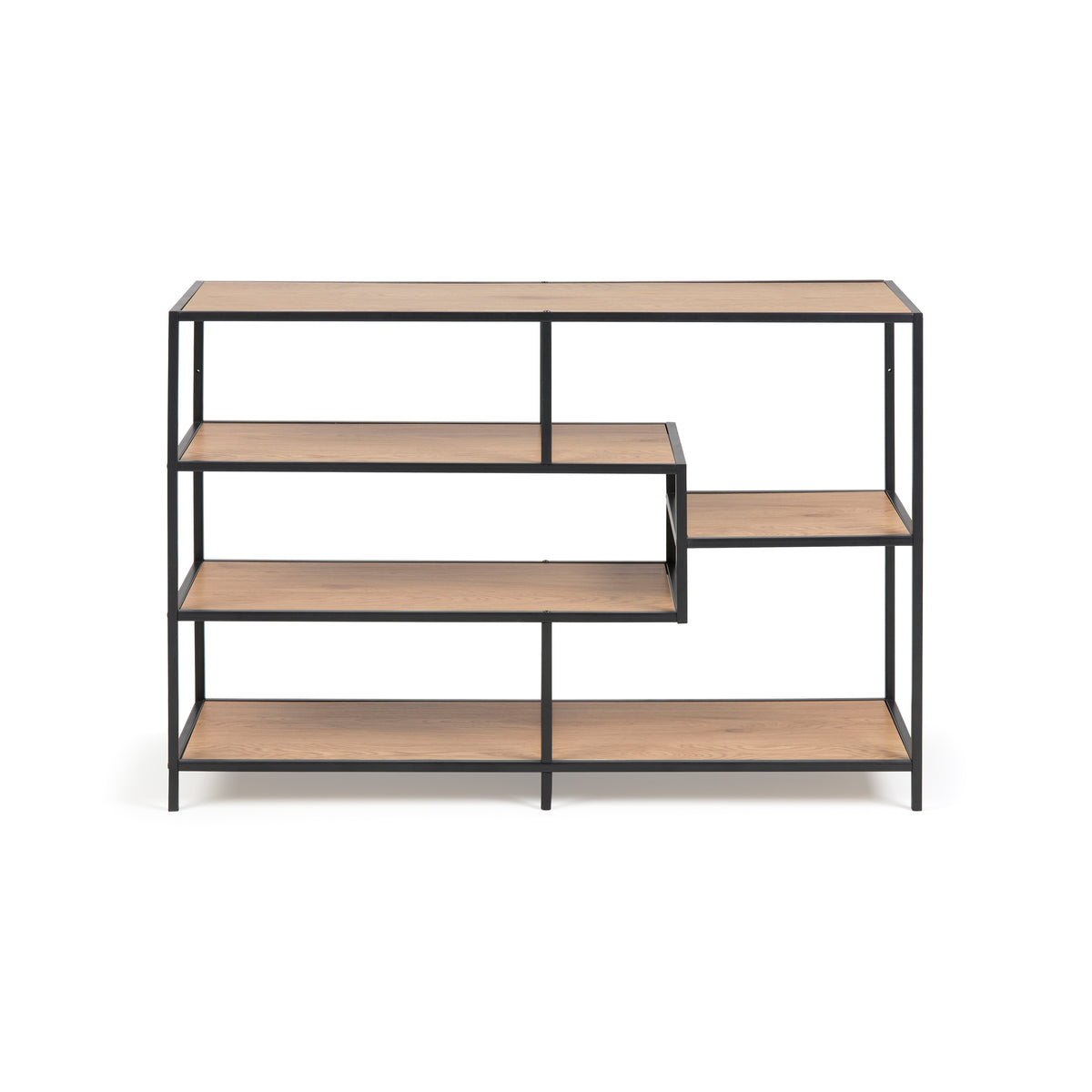 Étagère Skeleto 114 x 78, chêne sauvage, vue de face – disposition asymétrique des étagères avec une étagère plus petite à droite