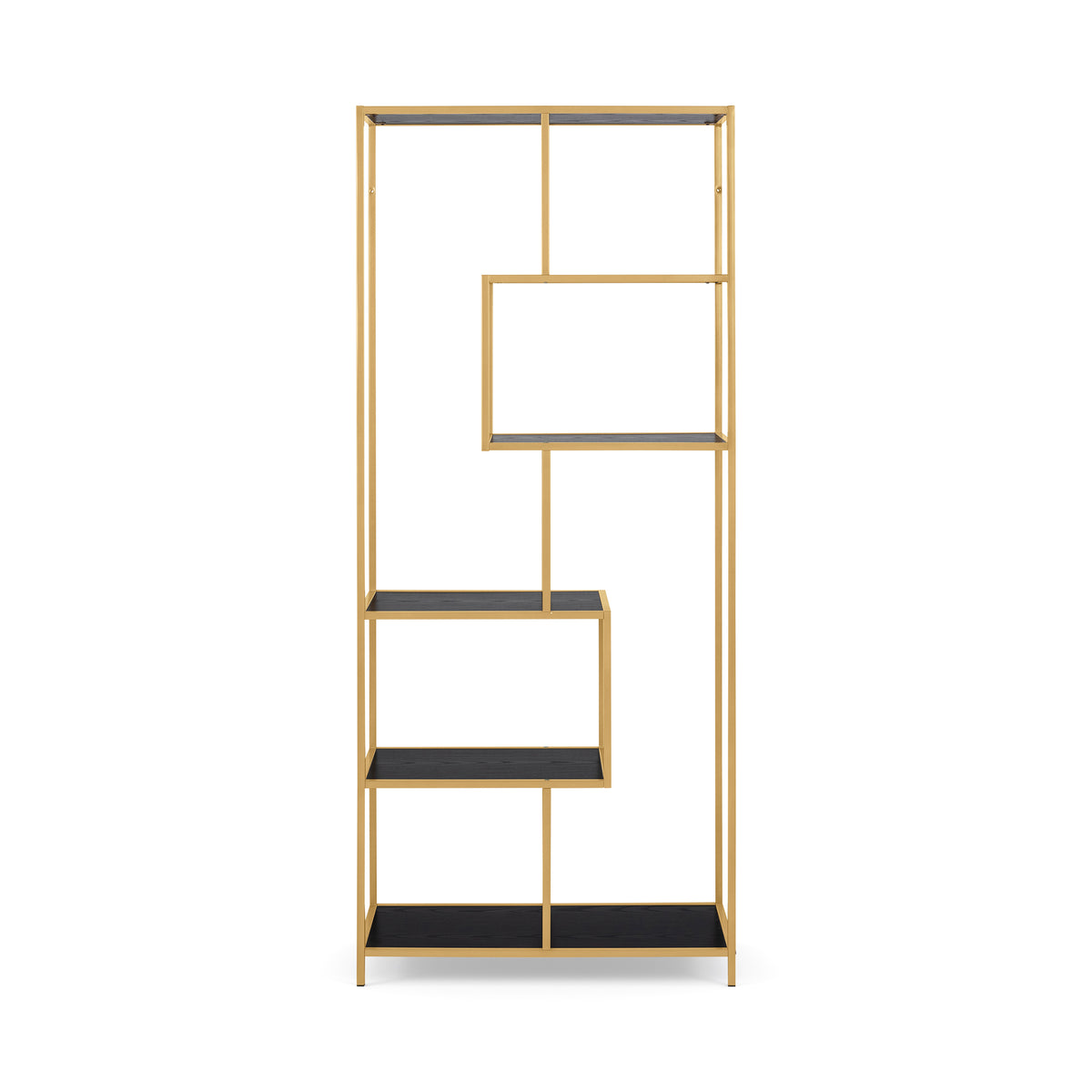 Étagère Skeleto 77 x 185, mélamine noire (structure dorée), vue de face – structure en acier doré et étagères décalées