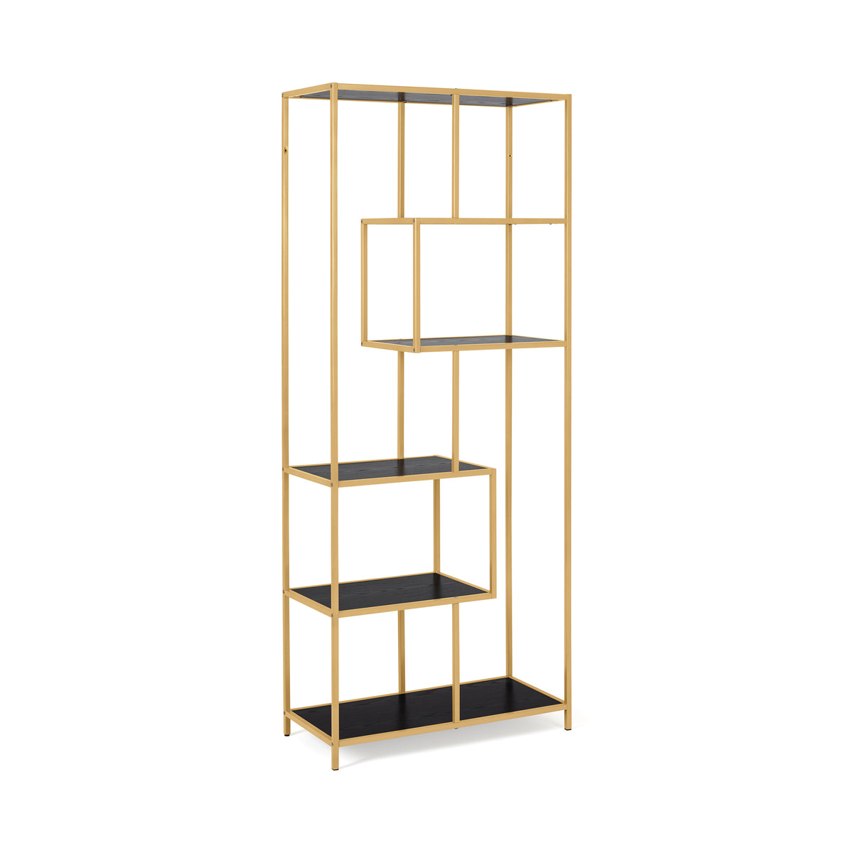 Étagère Skeleto 77 x 185, mélamine noire (cadre doré), vue de profil – étagère avec cadre doré et tablettes noires