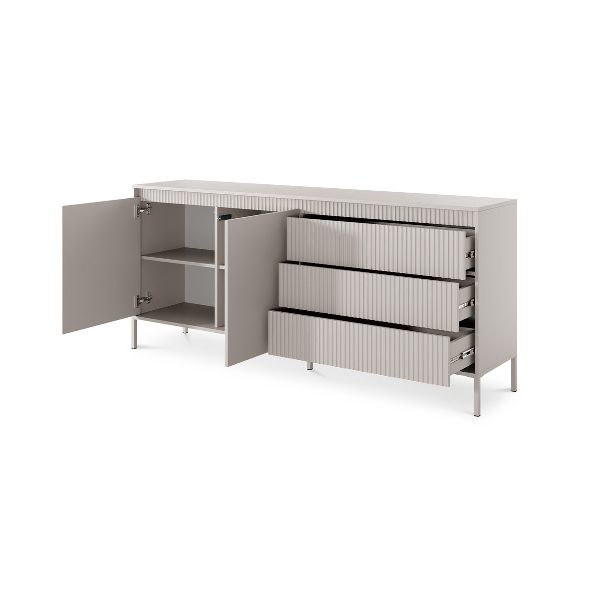 Senra Sideboard with Doors and Drawers 187x81, Japandi Style – with doors open