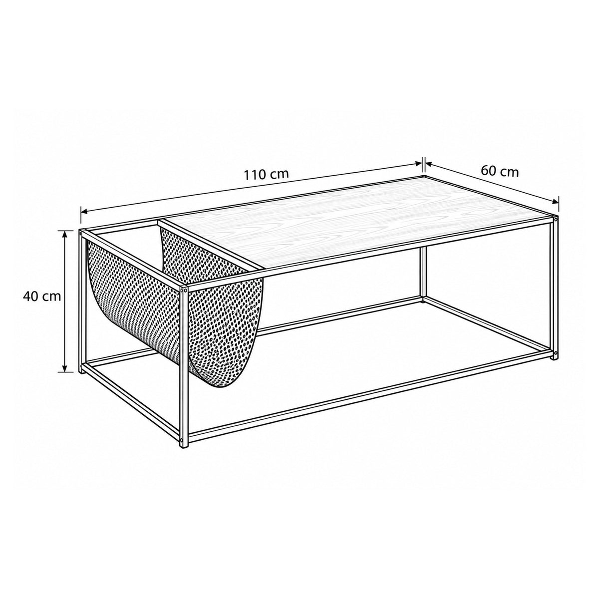 Table basse Skeleto 110 x 60 – plan coté indiquant la largeur, la hauteur et la profondeur