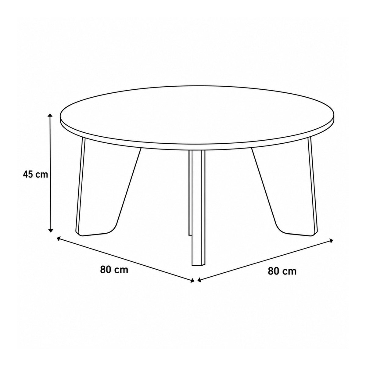Table basse Tendra Ø80x45 – plan coté indiquant la largeur, la profondeur et la hauteur de la table ronde