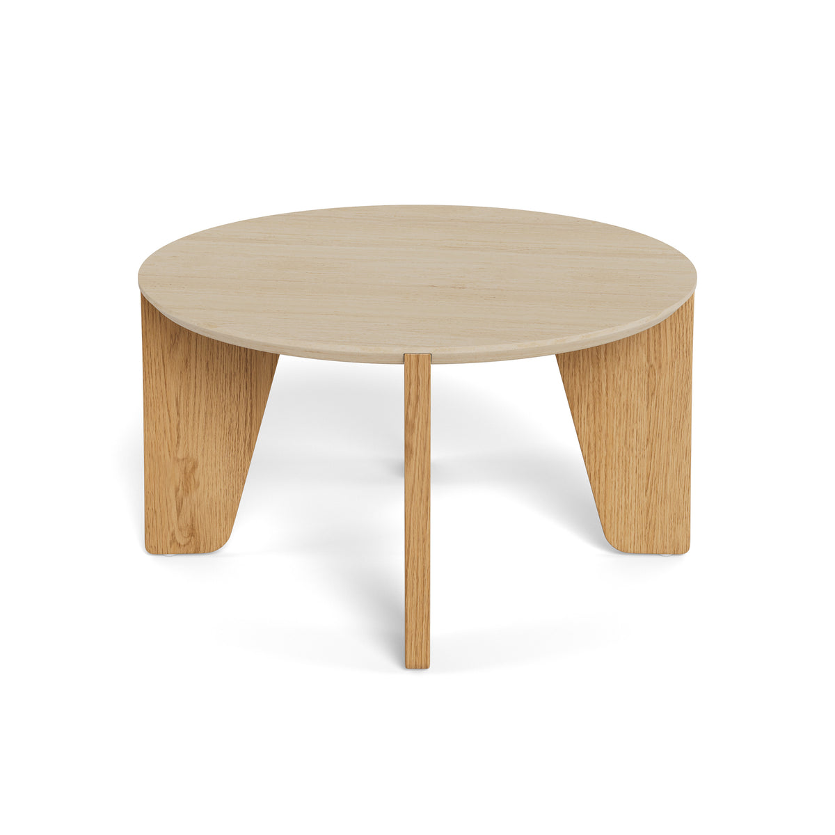 Table basse Tendra Ø80x45, vue de face – forme organique avec des pieds taillés s'évasant vers le bas