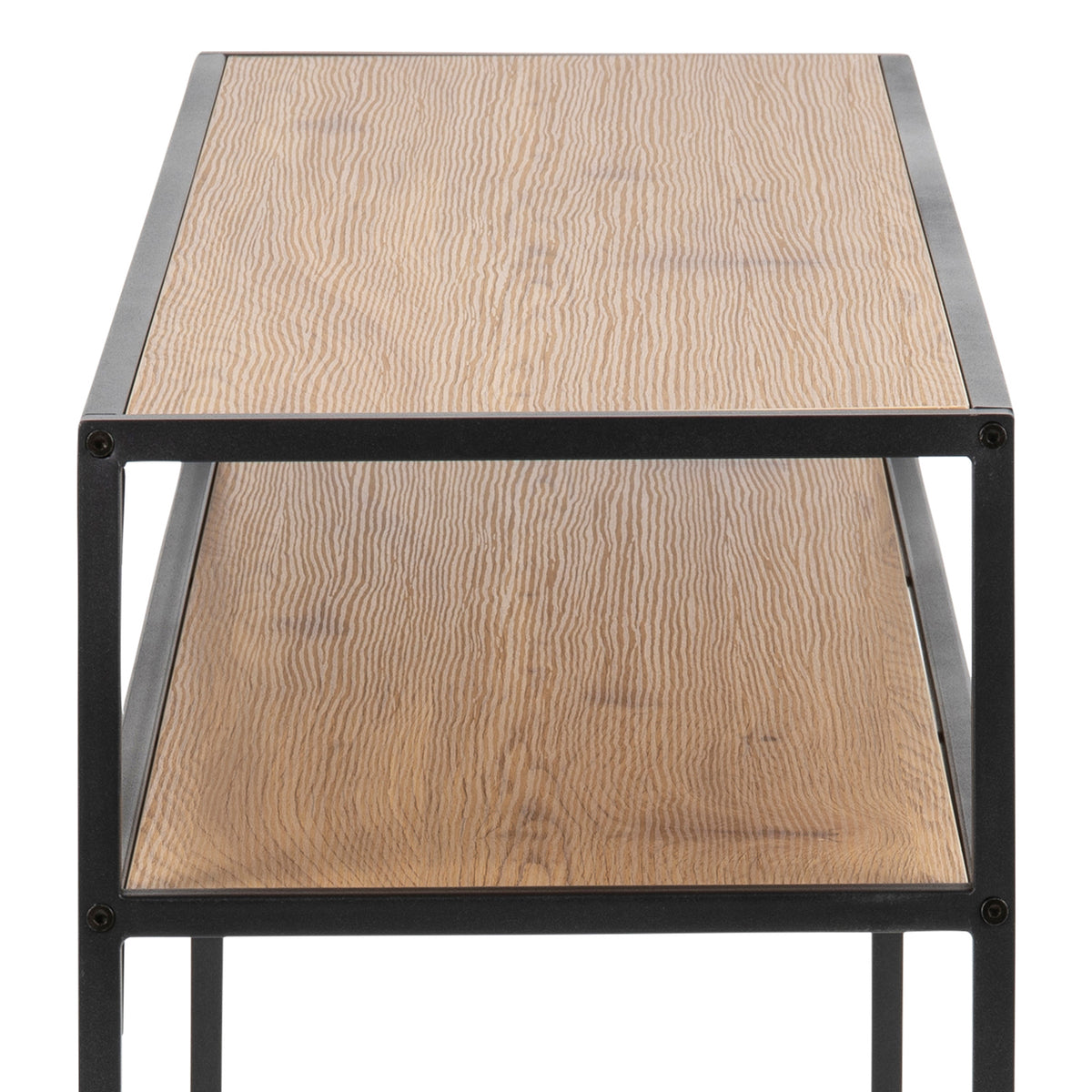 Console Skeleto 120 x 79 « Chêne sauvage » – gros plan sur la texture du décor en chêne du plateau et de l'étagère, ainsi que sur le cadre noir