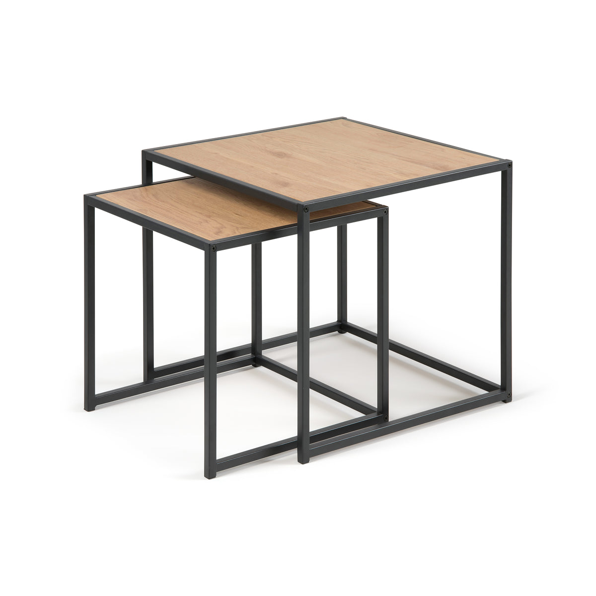 Set van 2 Skeleto-salontafels 50x45, Wild Eiken met schuine randen – in elkaar schuifbare tafels op een zwart stalen frame
