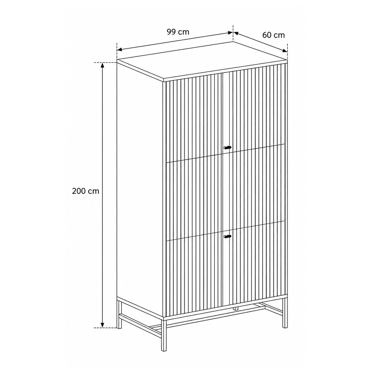 Kast Bambouz 99x200 – maatschets met breedte, hoogte en diepte