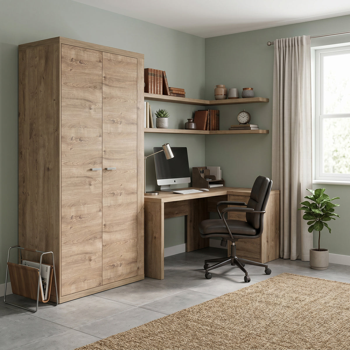 Kledingkast Korin 201x102 in een thuiskantoor met groene muur, naast bureau en plant – kast in boho stijl