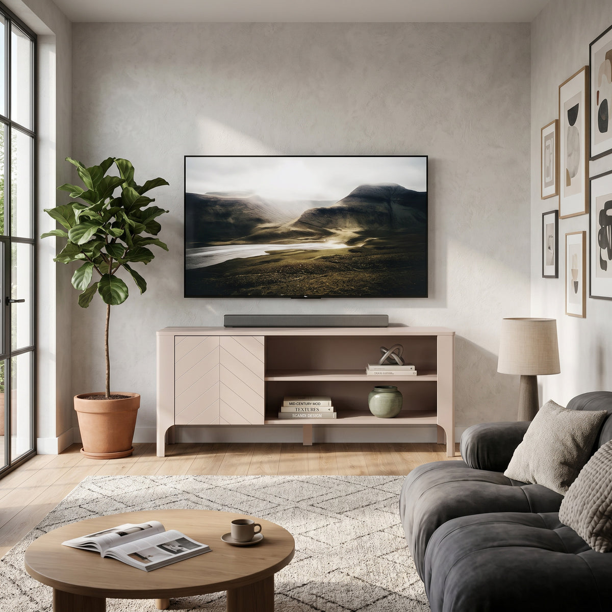 Meuble TV EKLIPSO 135x57 avec étagère ouverte dans un style moderne, coloris cachemire - dans un aménagement intérieur | Pillovely