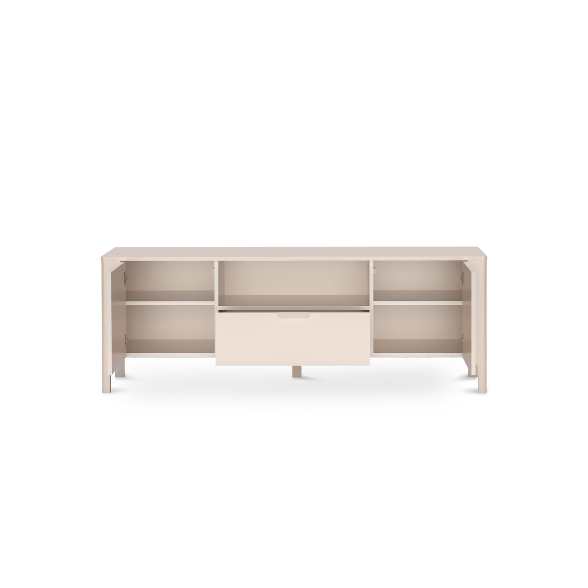 Meuble TV EKLIPSO 160x57 avec façades à chevrons de style moderne, coloris cachemire - intérieur après ouverture | Pillovely