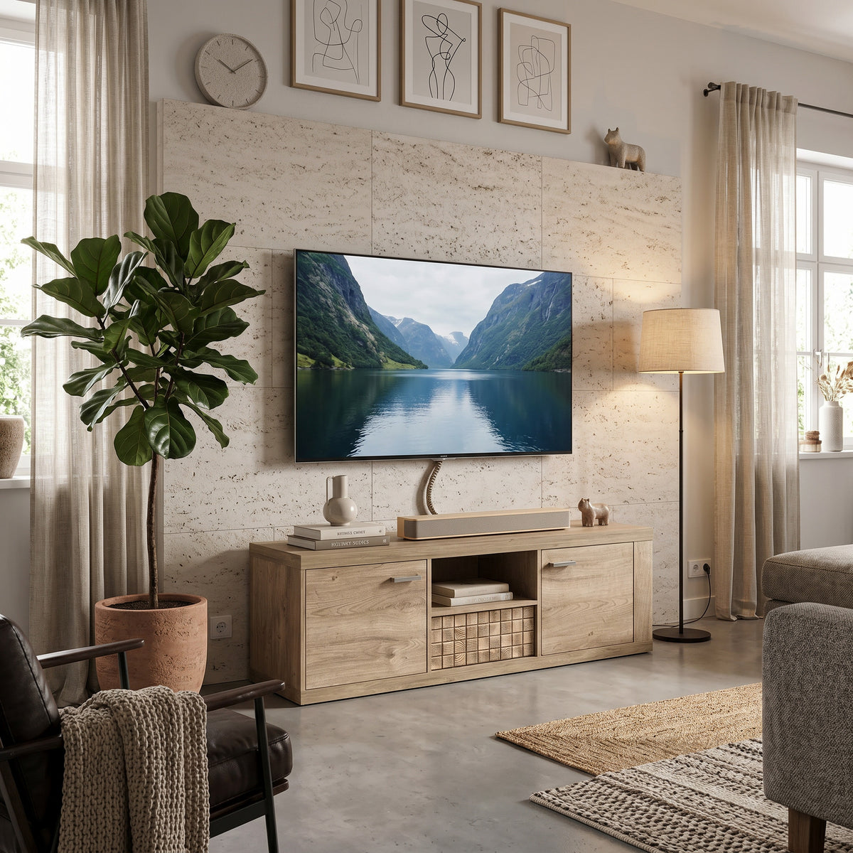 Tv-meubel Korin 151x51 onder de tv tegen een travertin wand, met soundbar – tv-meubel in boho stijl
