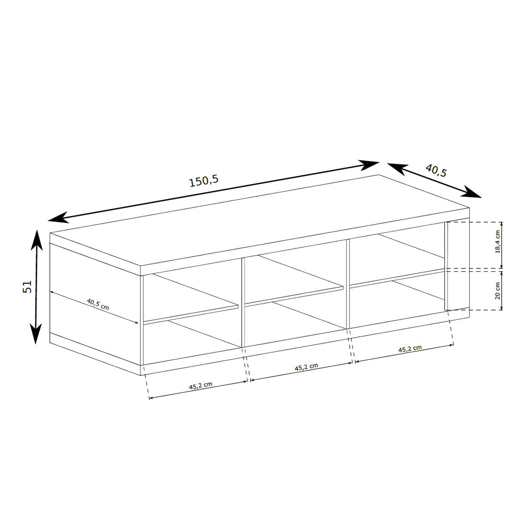 Tv-meubel Korin 151x51 – maattekening met breedte, hoogte en diepte