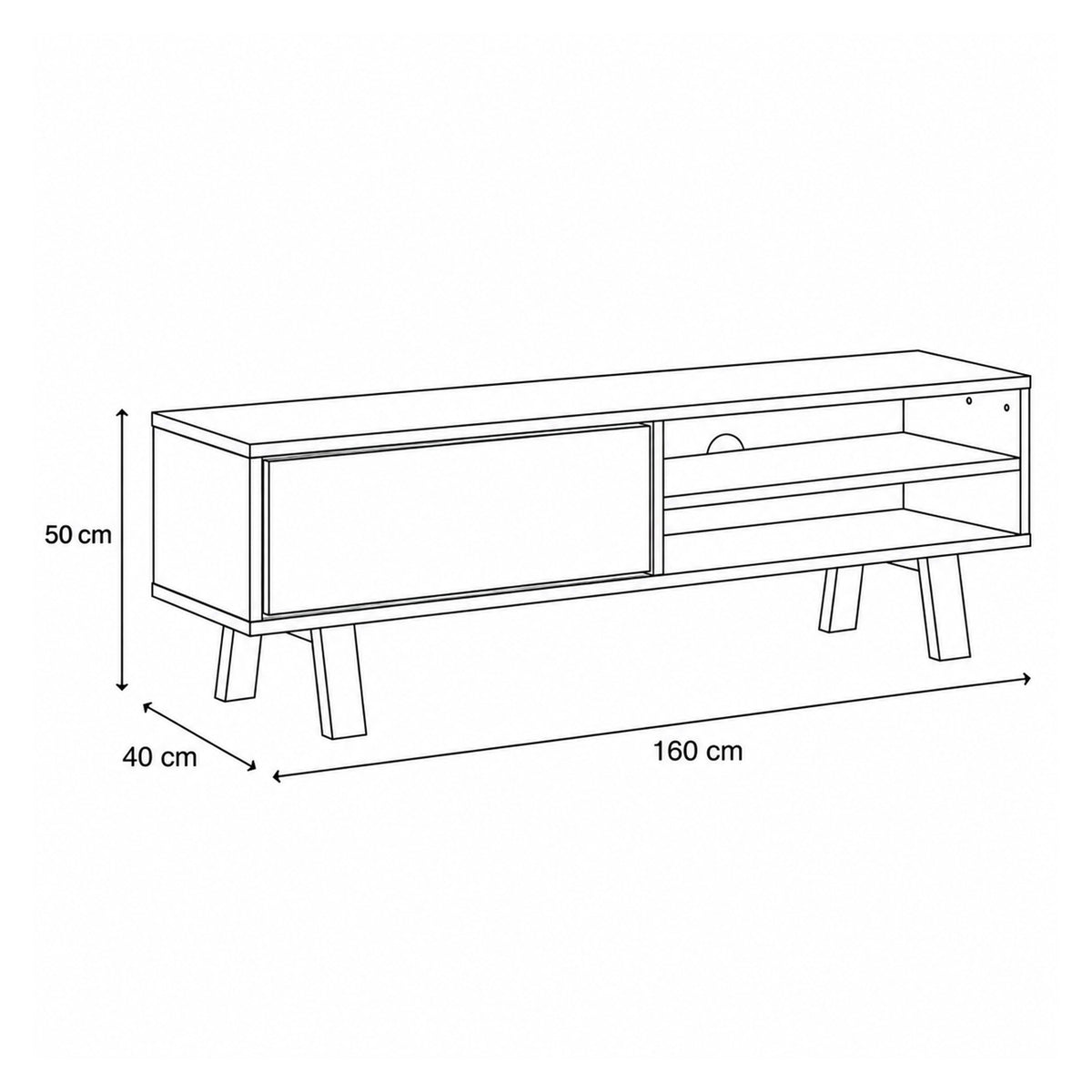 Meuble TV Lurisse 160 x 50 – plan coté indiquant la largeur, la hauteur et la profondeur
