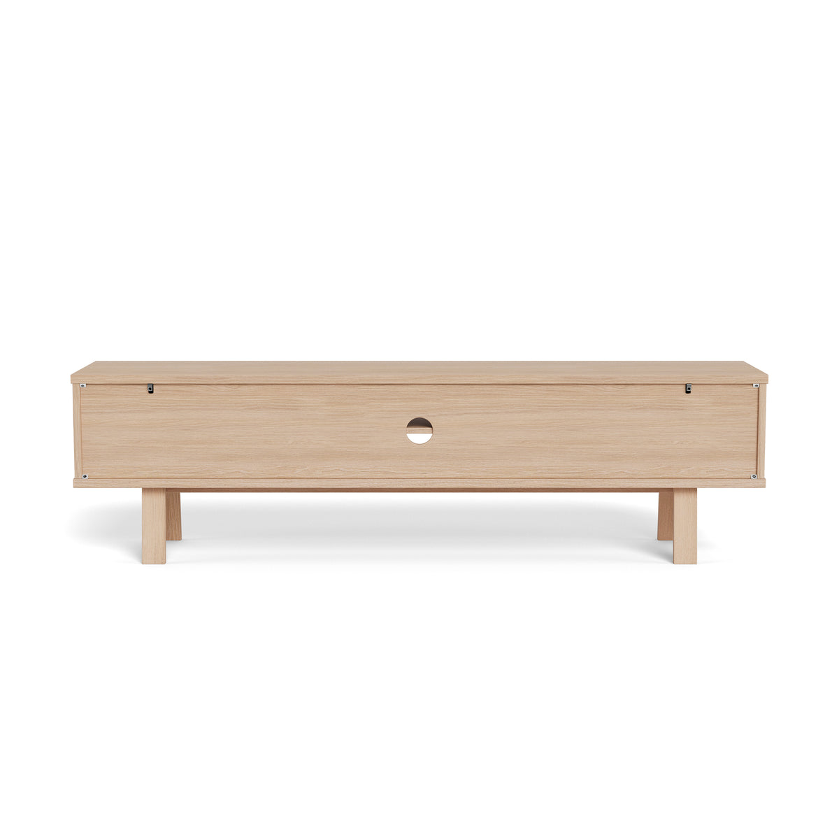 Meuble TV Lurisse 180 x 50, chêne blanchi – vue arrière sur la paroi arrière dotée d'une ouverture ronde