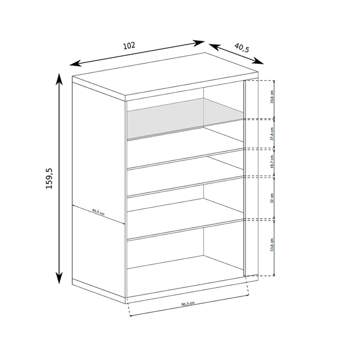 Vitrinekast Korin 102x160 – maattekening met breedte, hoogte en diepte