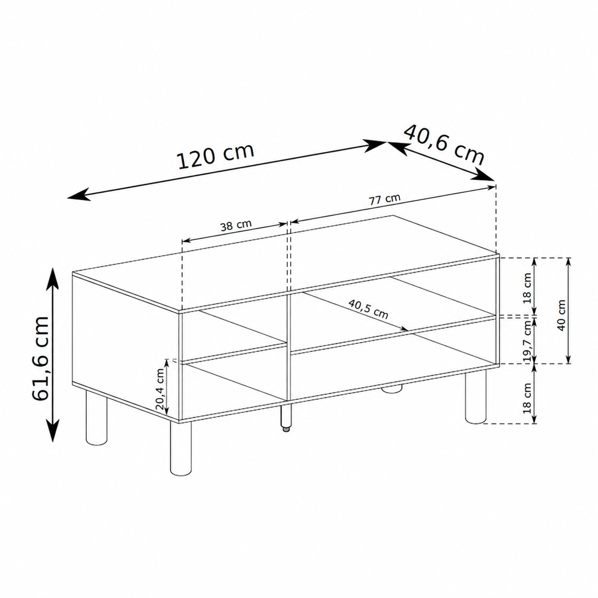 Fjord TV Unit 120x62 with a Drawer and an Open Compartment, Scandinavian Style – dimensions drawing
