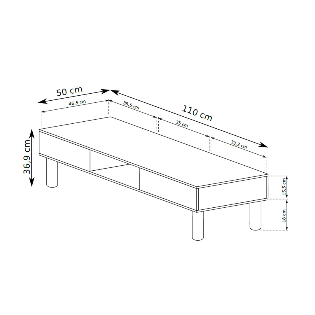Fjord Coffee Table 110x37 with Open Compartments, Scandinavian Style – dimensions drawing
