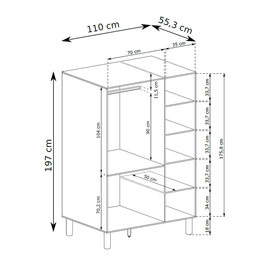 Fjord Spacious Wardrobe 110x197, Scandinavian Style – dimensions drawing