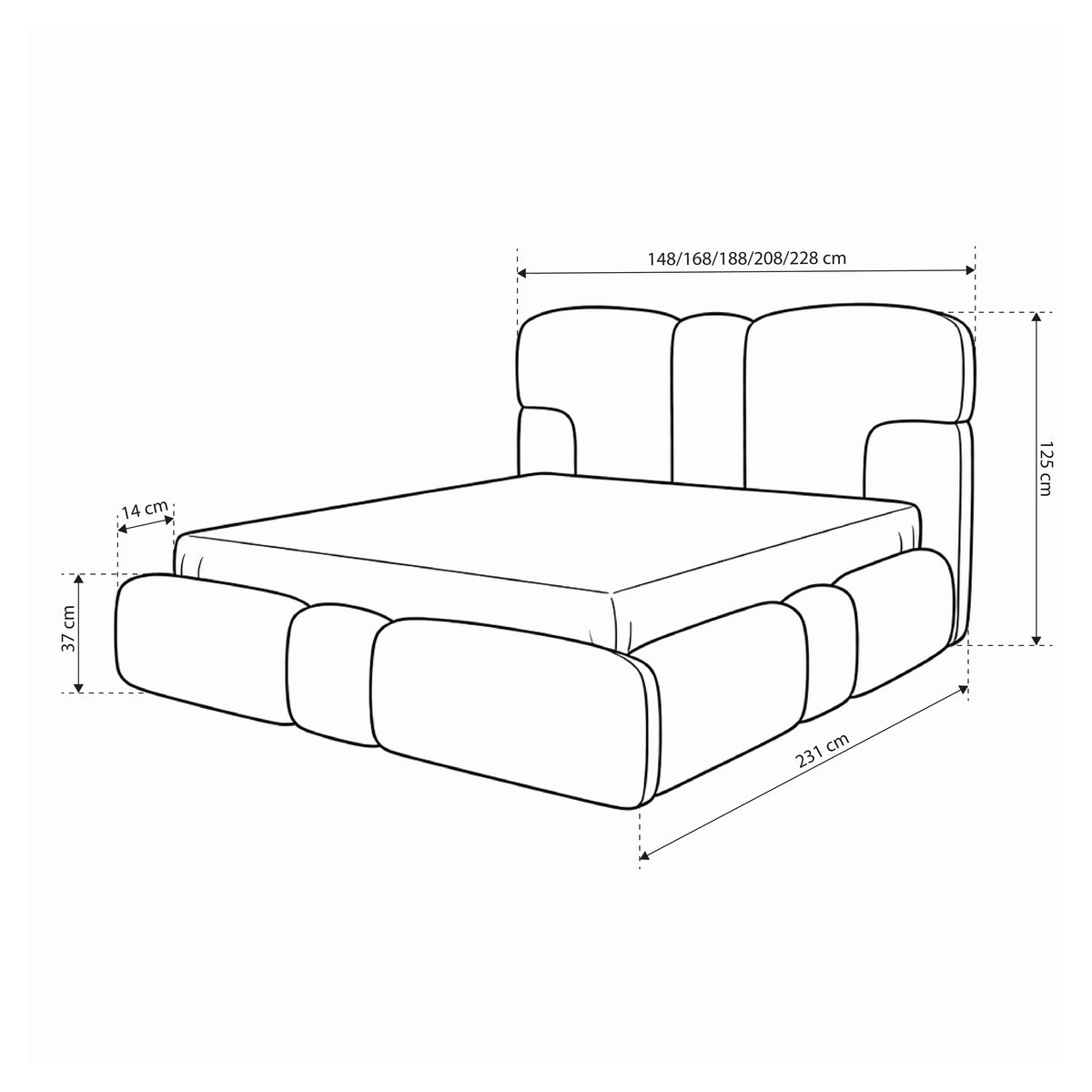 Puffra Upholstered Ottoman Bed with Storage, Various Sizes in Soft Style – dimensions drawing