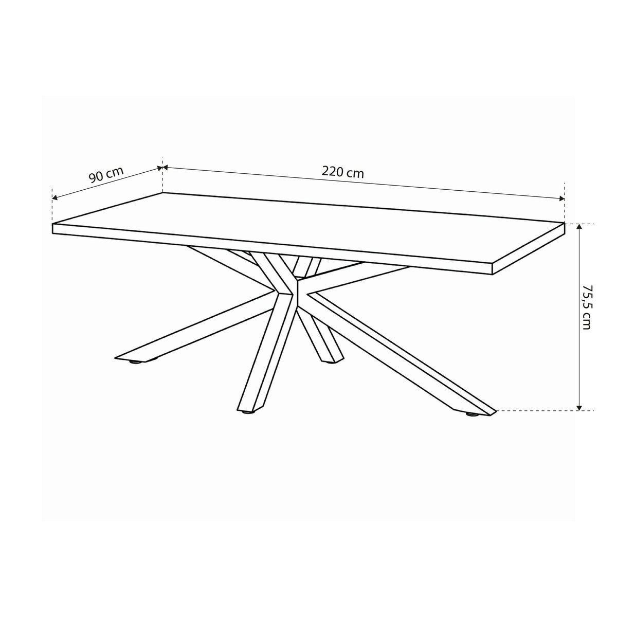 Oryss Oak Dining Table 220x76 cm, Industrial Style – dimensions drawing