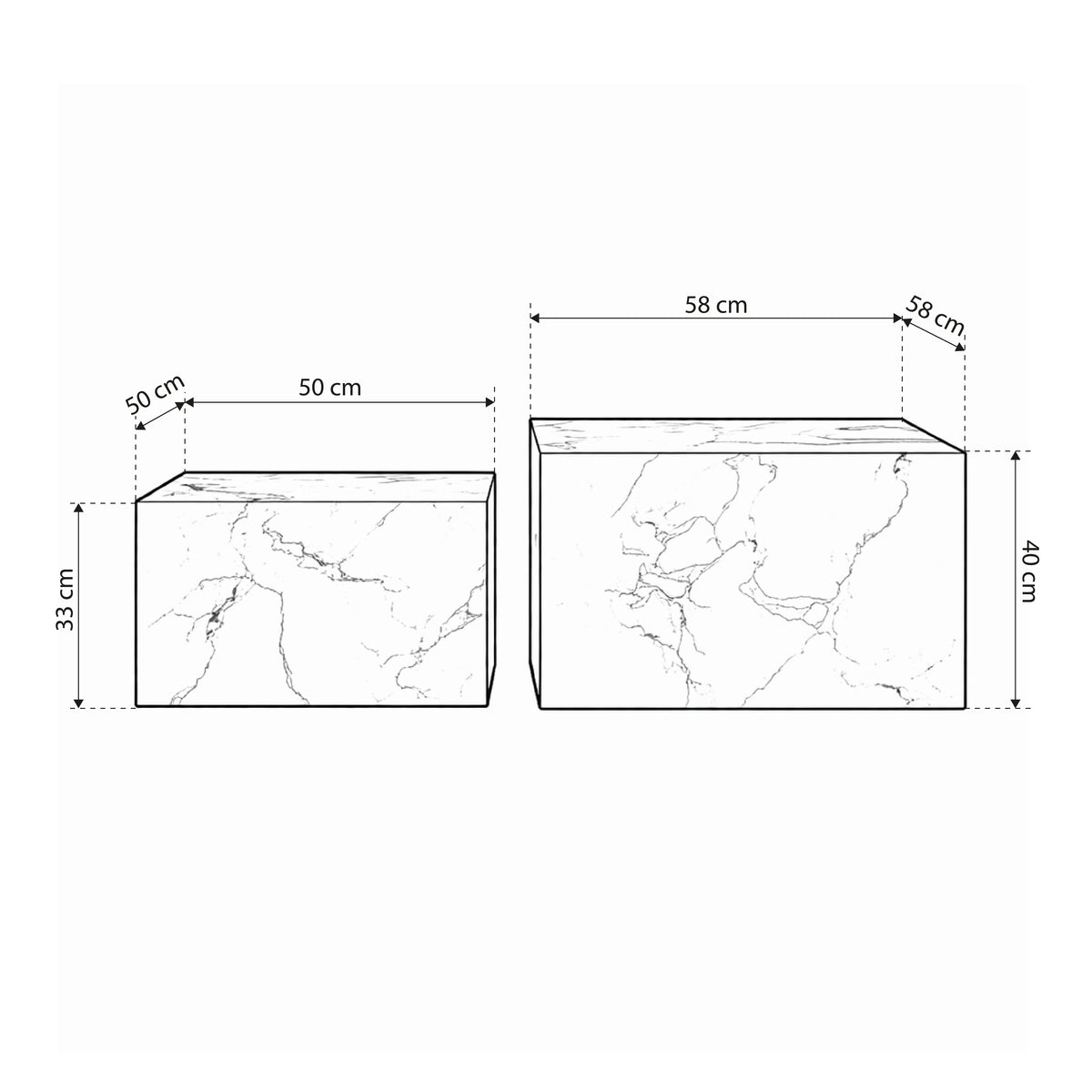 Quadrato Set of Two Coffee Tables, Modern Organic Style – dimensions drawing