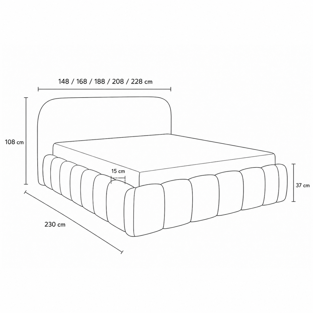Tegell Upholstered Ottoman Bed with Storage, Modern Soft Style, Monte Fabric – dimensions drawing