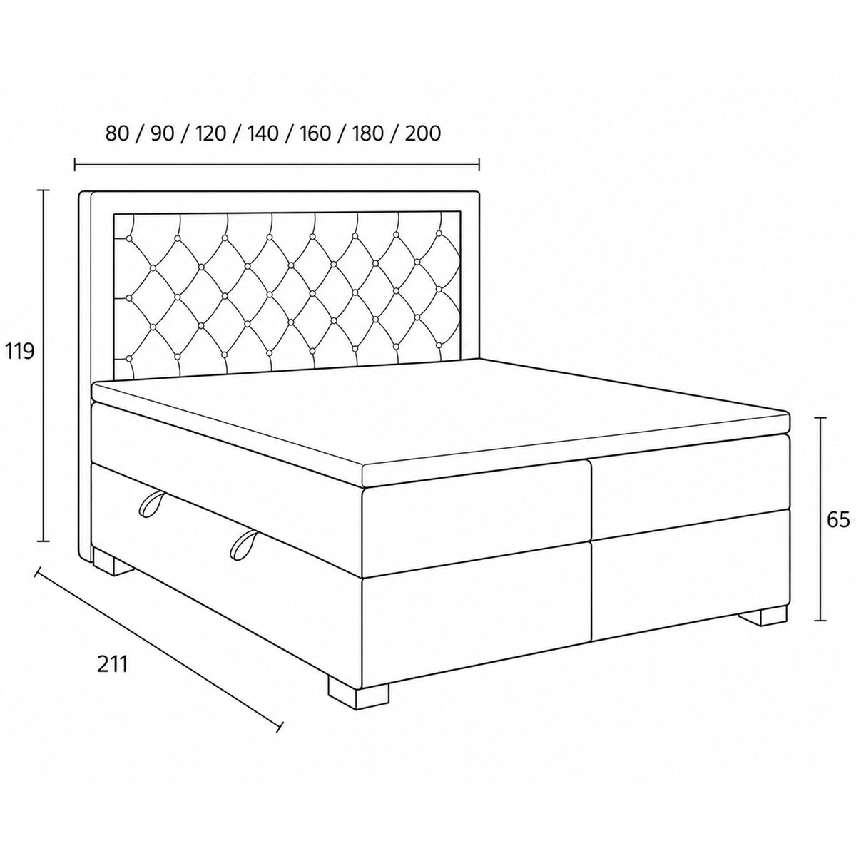 Santia Diamond-tufted Continental Divan Bed with Two Storage Compartments, Glamour Style – dimensions drawing