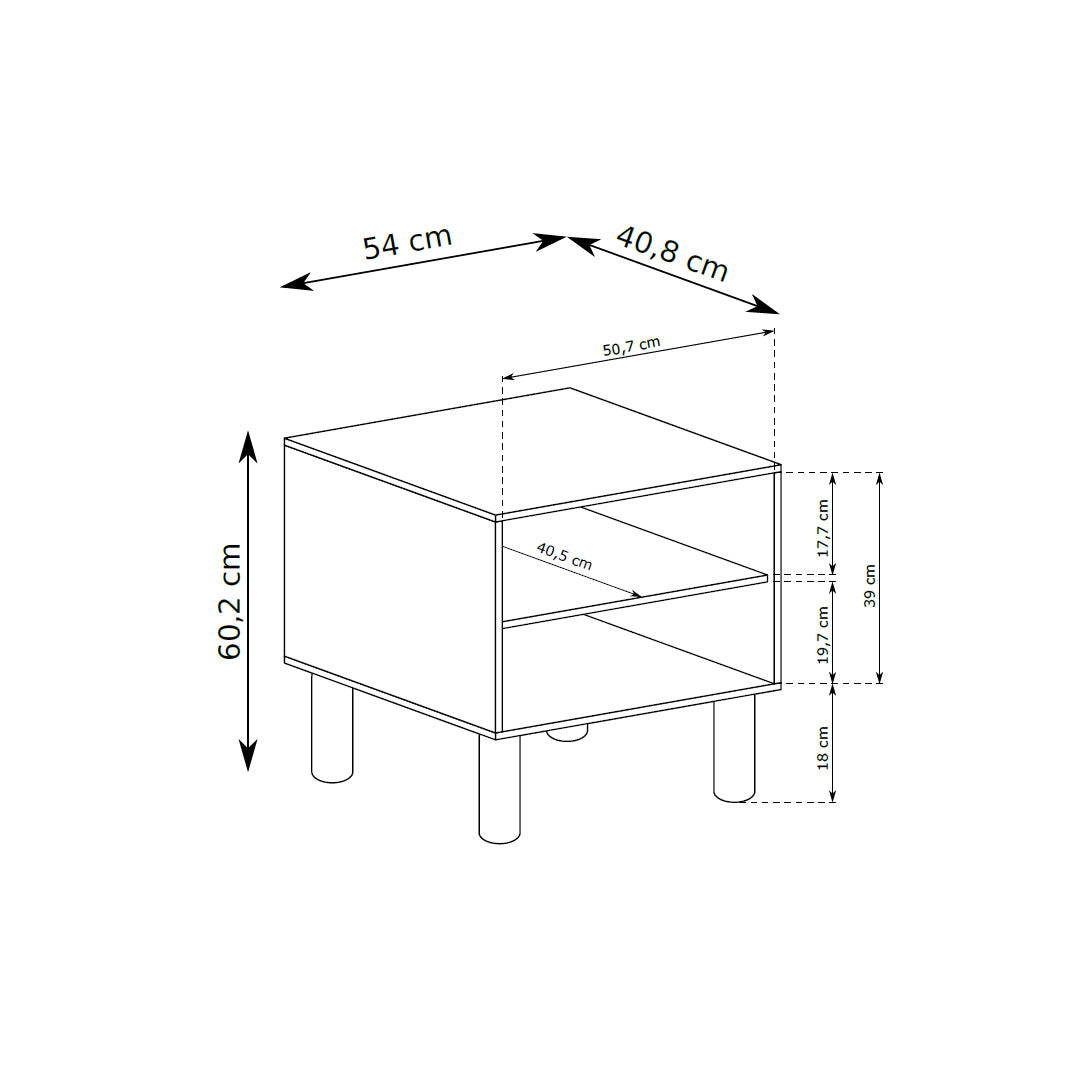 Fjord Bedside Table 55x61 with a Drawer and an Open Compartment, Scandinavian Style – dimensions drawing