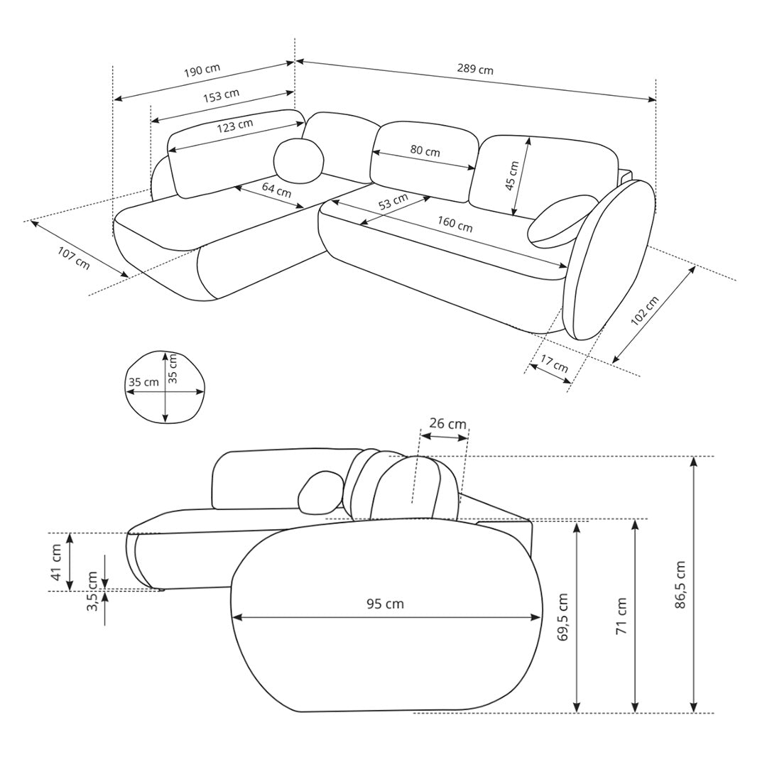 Olemo Corner Sofa Bed with Storage, Sleeping Area 123x250, Organic Modern – dimensions drawing