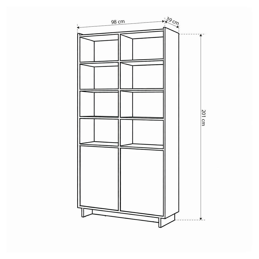 Kiyro Tall Bookcase 98x201 with Doors and Shelves, Japandi Style – dimensions drawing