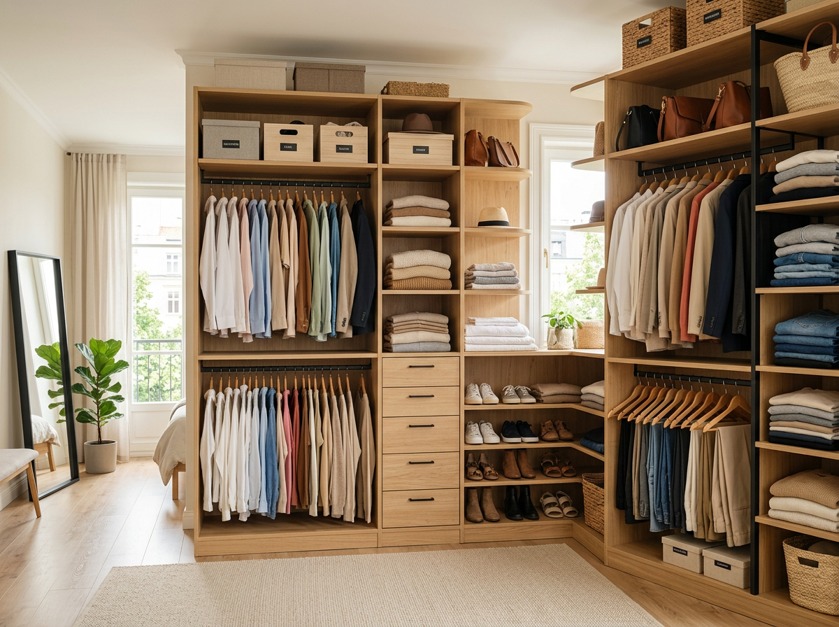 Walk-in wardrobe ideas – open dressing room with rails, shelves and drawers