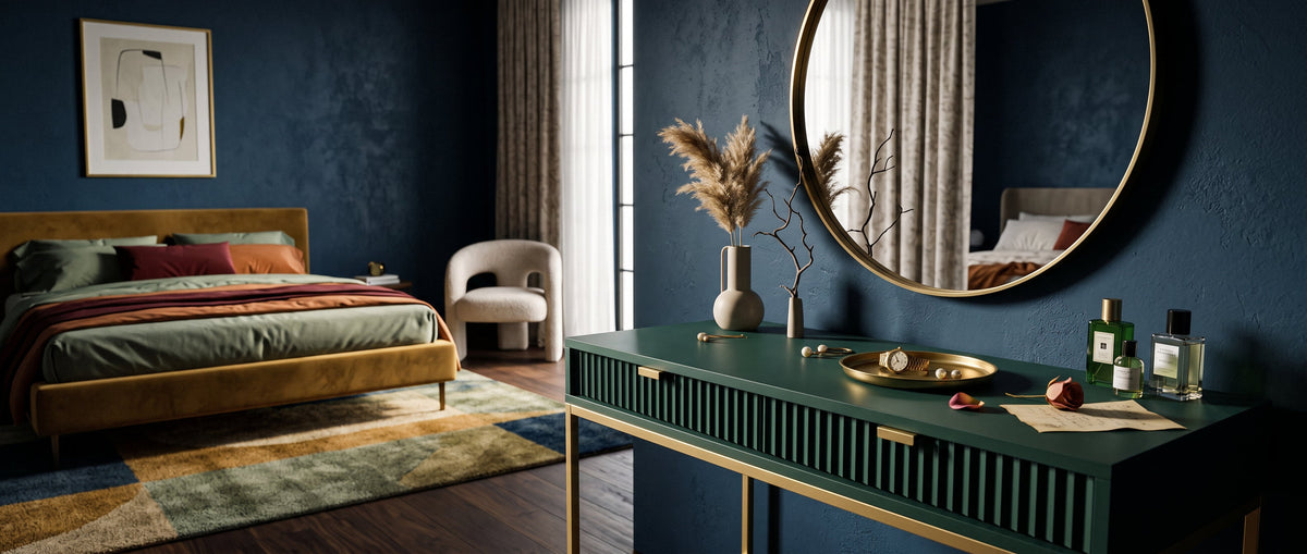 Elegant bedroom with a Roza dressing table in Labrador Green, a large round mirror and decorative accessories against a navy wall