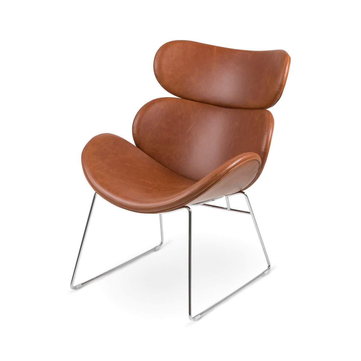 Ferum Loft Armchair with Contoured Backrest and Metal Base – Brown, Chrome-plated