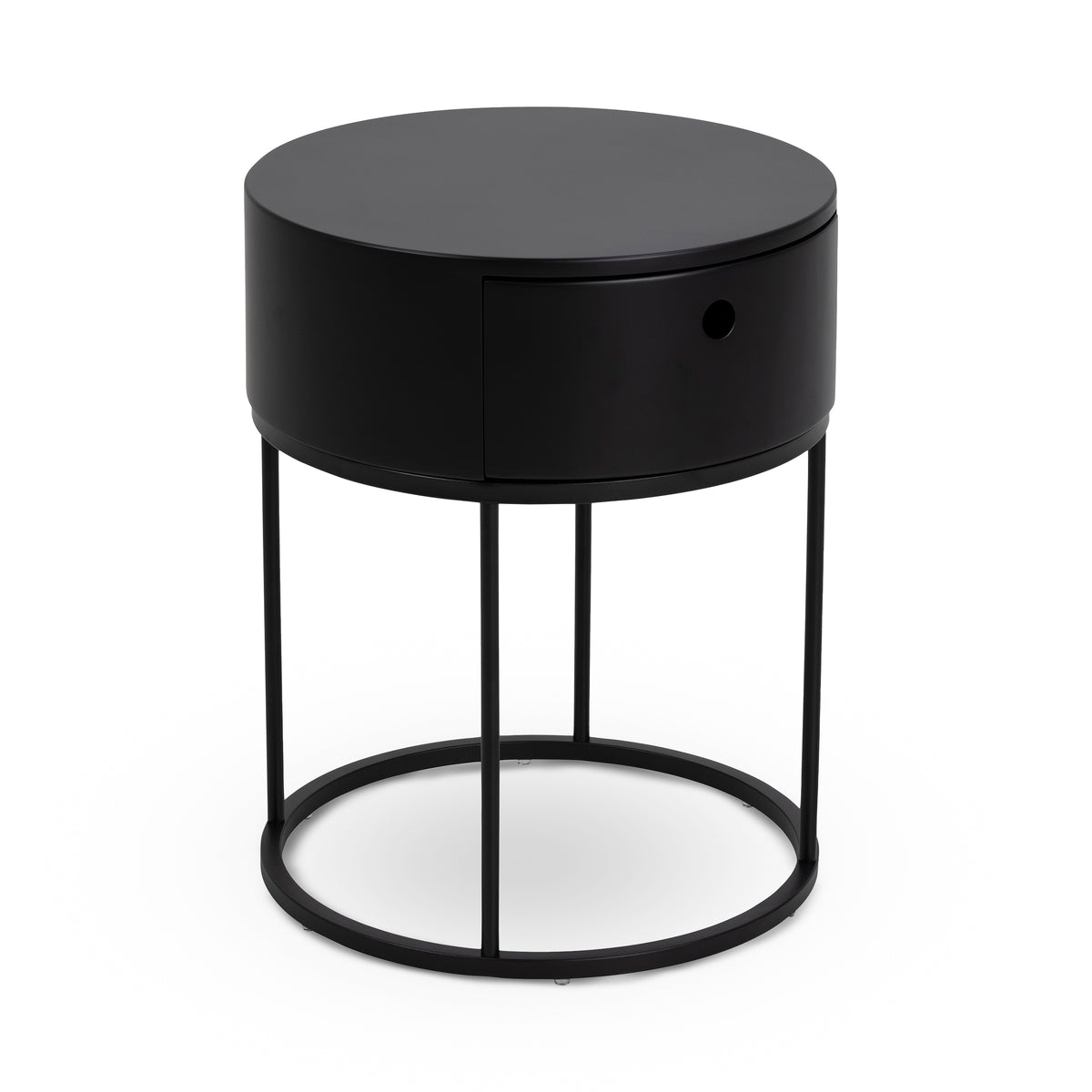 Ronda Round Bedside Table with a Drawer, Minimalist Style – Black