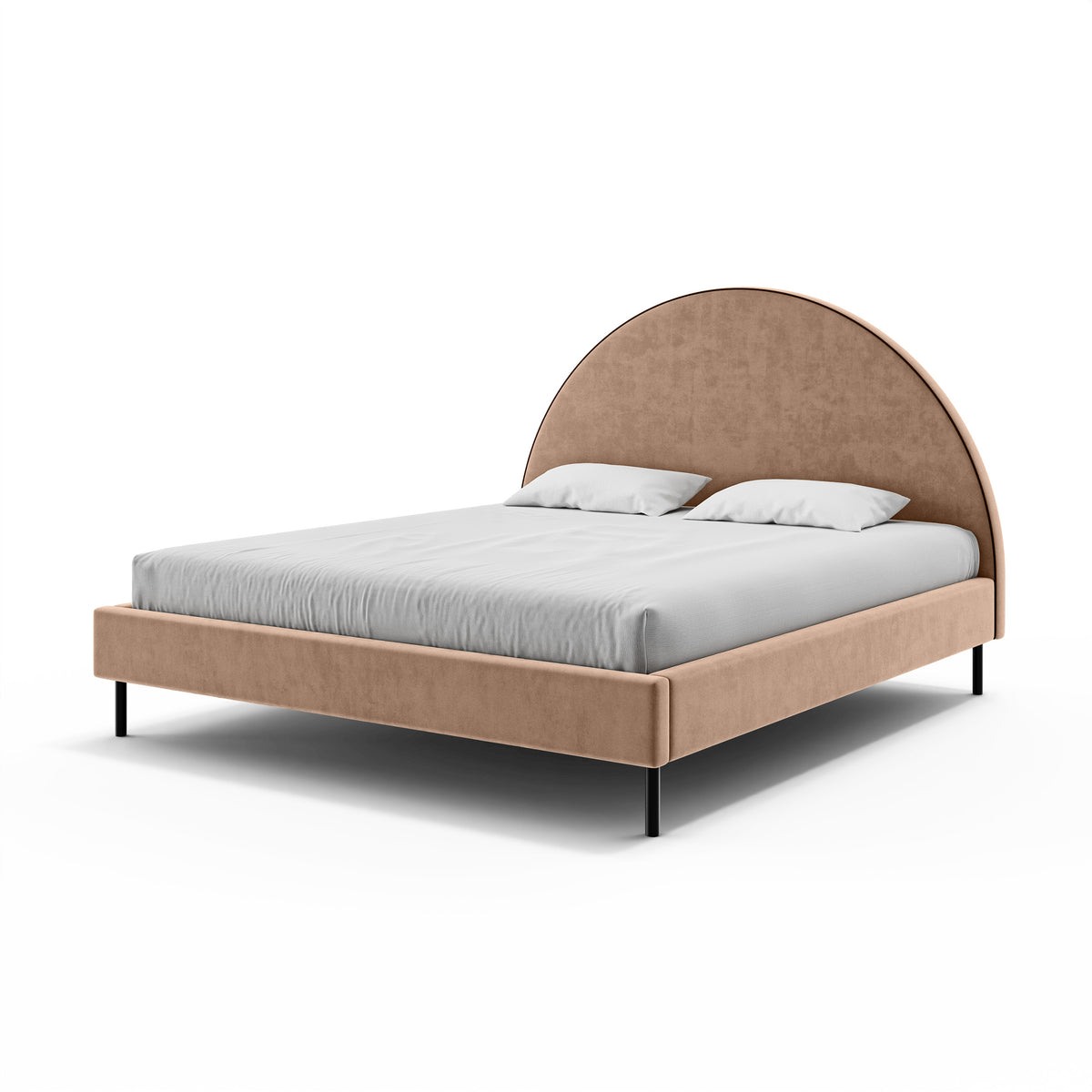 Zora Upholstered Ottoman Bed with a Semicircular Headboard and Storage 140x200, 160x200 and 180x200, Soft Modern Style – angled view | Pillovely