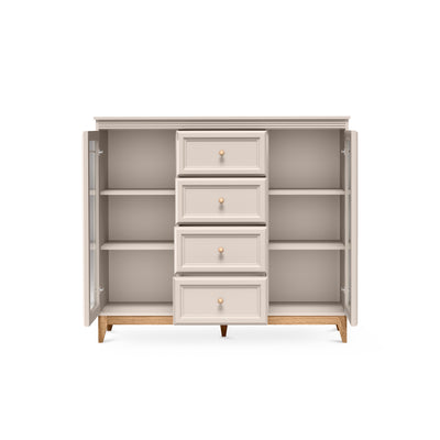 Serena Display Cabinet 142x126 with Glass Fronts and Drawers, Modern Classic Style – with doors open