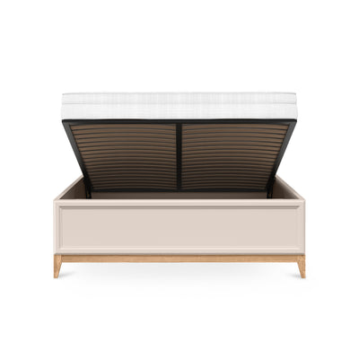 Serena Ottoman Bed with Storage and Decorative Headboard, Modern Classic Style – with doors open