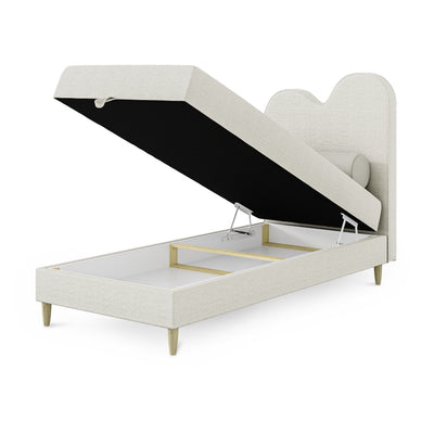 Mellia Kids Continental Divan Bed with a Wavy Headboard and Storage, Soft Modern Style – with doors open
