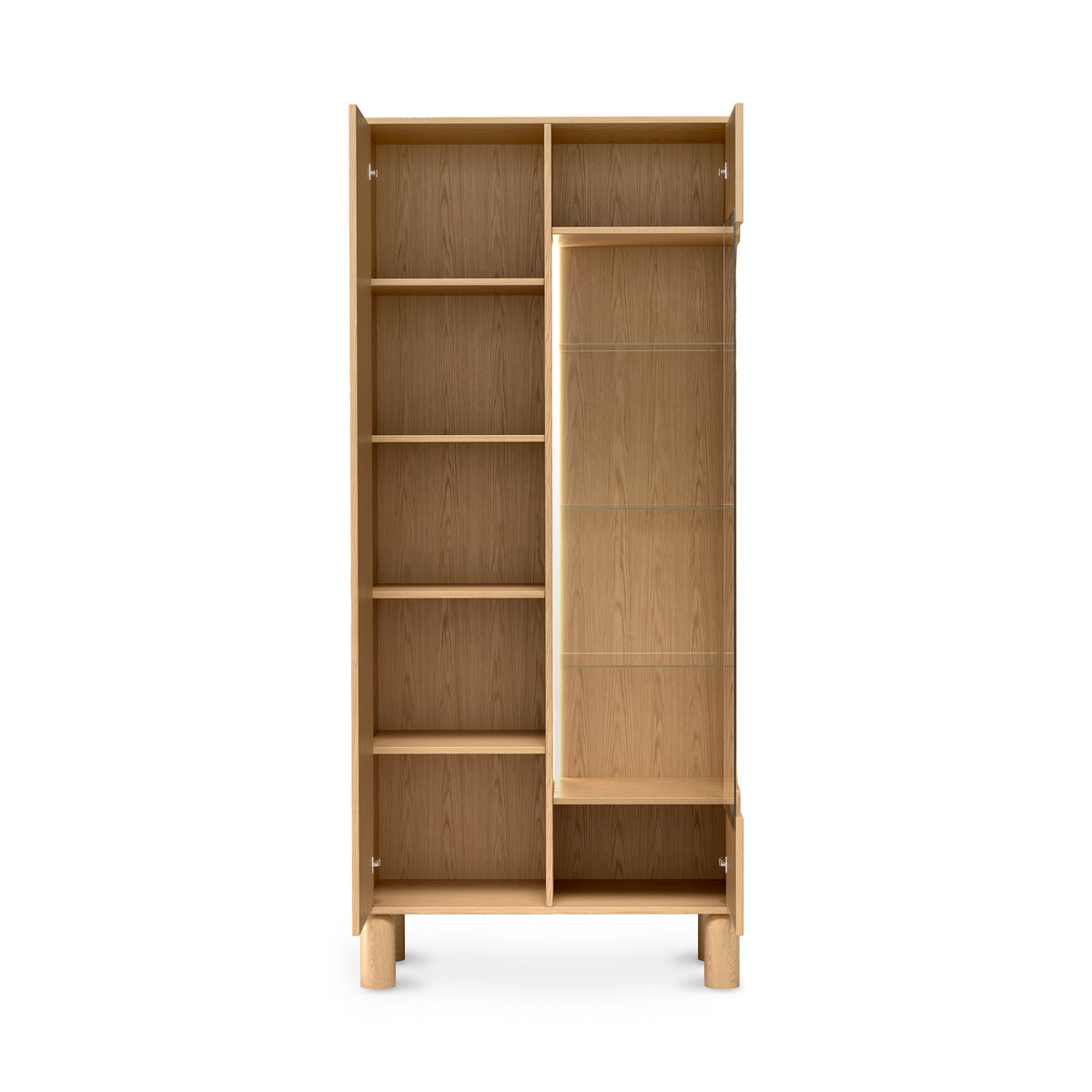 Fjord Tall Display Cabinet 89x197 with Glass Front, Scandinavian Style – with doors open, with LED lighting