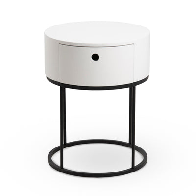 Ronda Round Bedside Table with a Drawer, Minimalist Style – front view