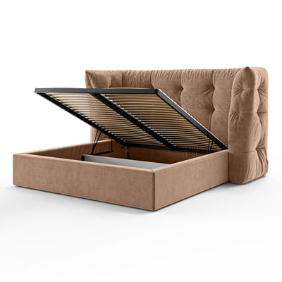 Diara Tufted Upholstered Ottoman Bed with Storage, Glamour Style – with doors open