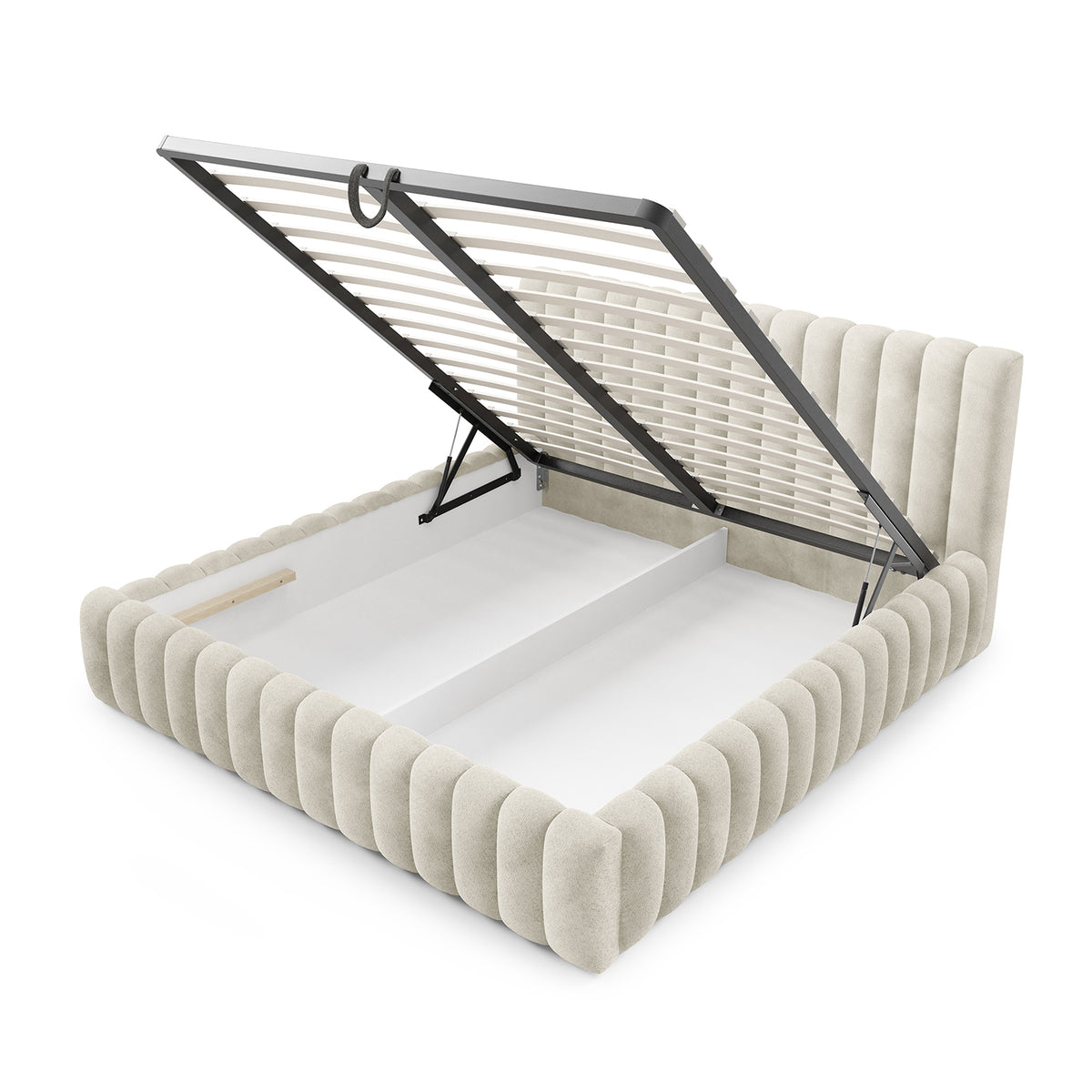 Pastel Upholstered Ottoman Bed with Storage, Modern Soft Style, Coral Fabric – with doors open