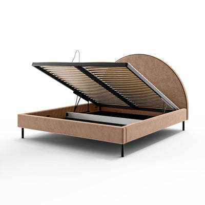 Zora Upholstered Ottoman Bed with a Semicircular Headboard and Storage, Soft Modern Style – with doors open