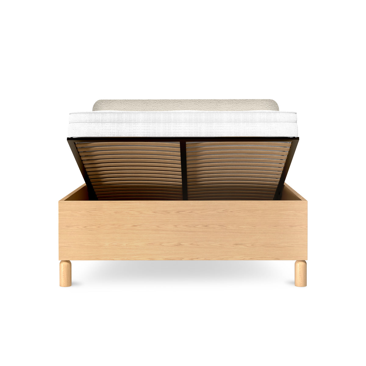 Fjord Upholstered Ottoman Bed 140/160x200 with Storage, Scandinavian Style – with doors open