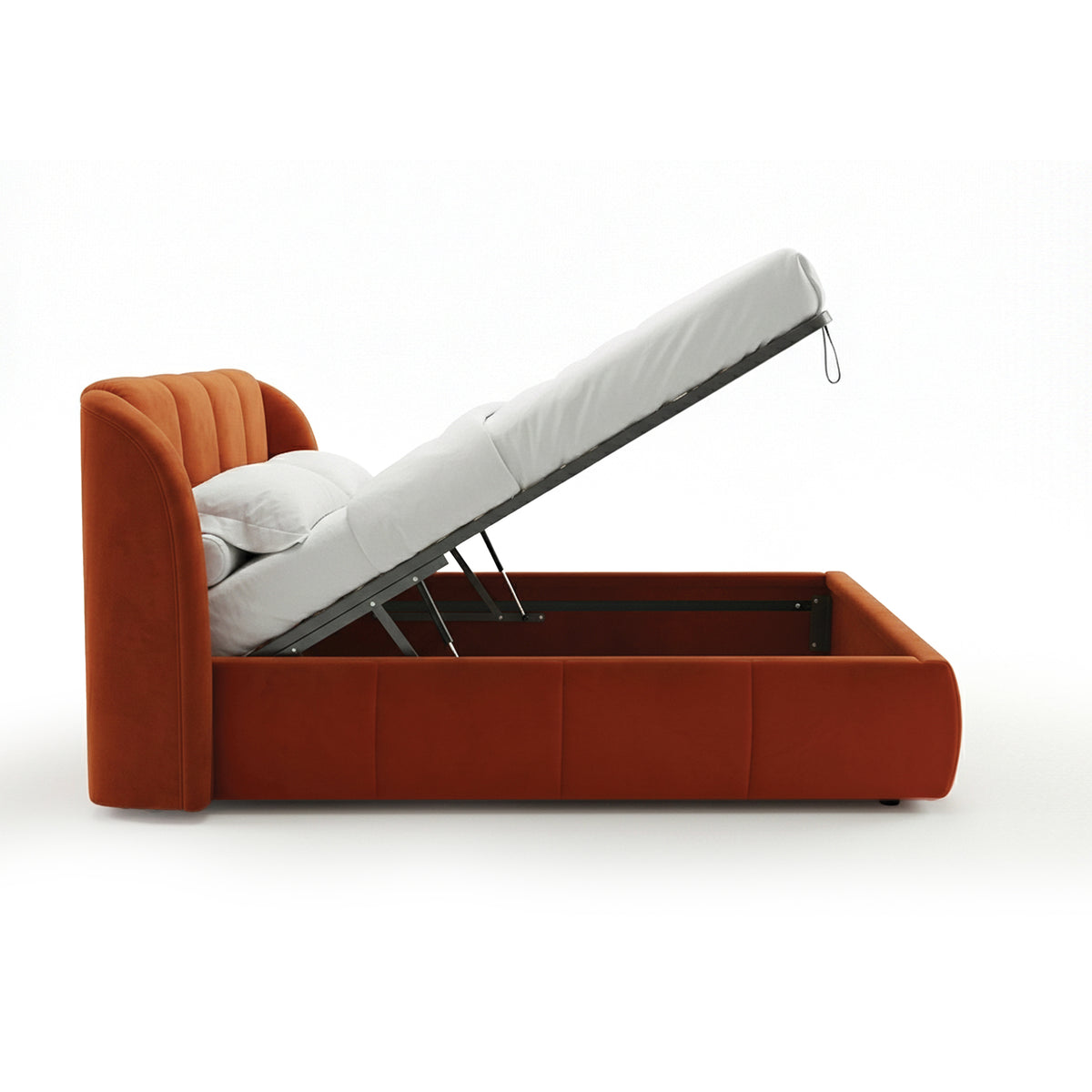 Ventara Upholstered Ottoman Bed with Vertical Tufting and Storage, Soft Modern Style – with doors open